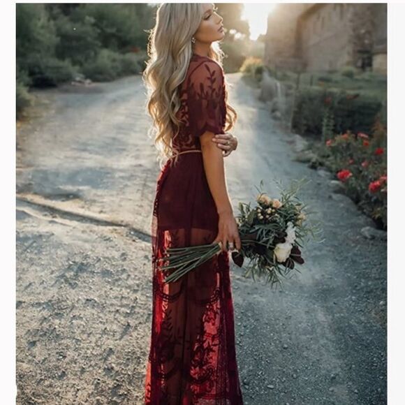 ✨ HP✨Maroon wine red maxi dress with lace overlay✨ - Picture 2 of 11